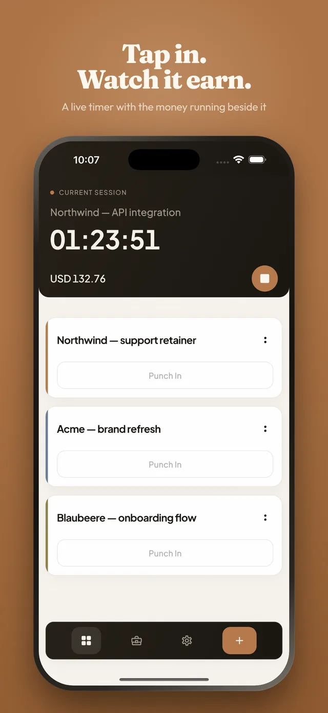 Tap in. Watch it earn: the Punch O'Clock home screen with a session running on Northwind — API integration, the timer reading 01:23:51 and the earnings counting up beside it, over a list of projects waiting to be punched in