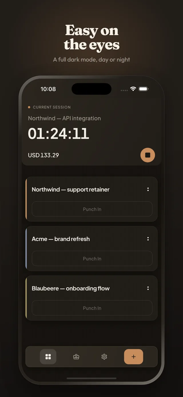 Easy on the eyes: the home screen in dark mode, with the same running session and the same project list