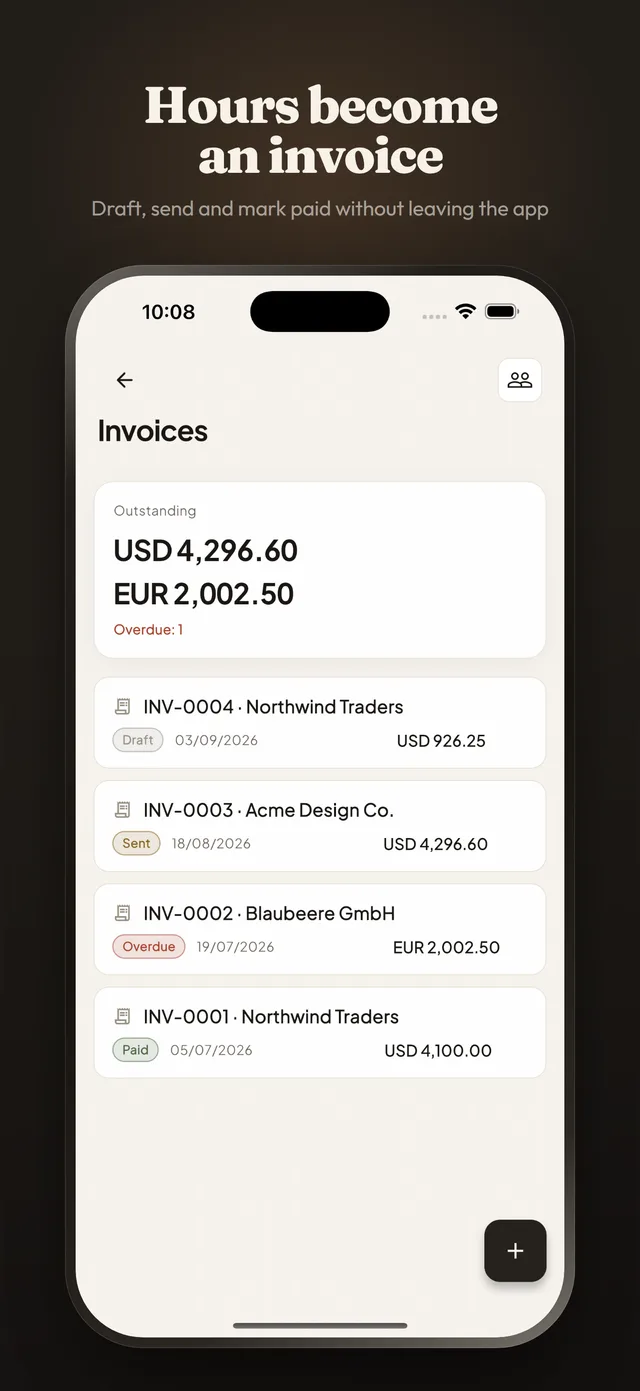 Hours become an invoice: the Invoices screen, with what is outstanding at the top and invoices below it marked Draft, Sent, Overdue and Paid