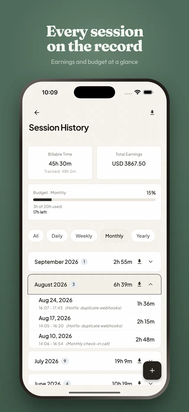 Every session on the record: the Session History screen with billable time against tracked time, total earnings, a monthly budget bar, and sessions grouped by month