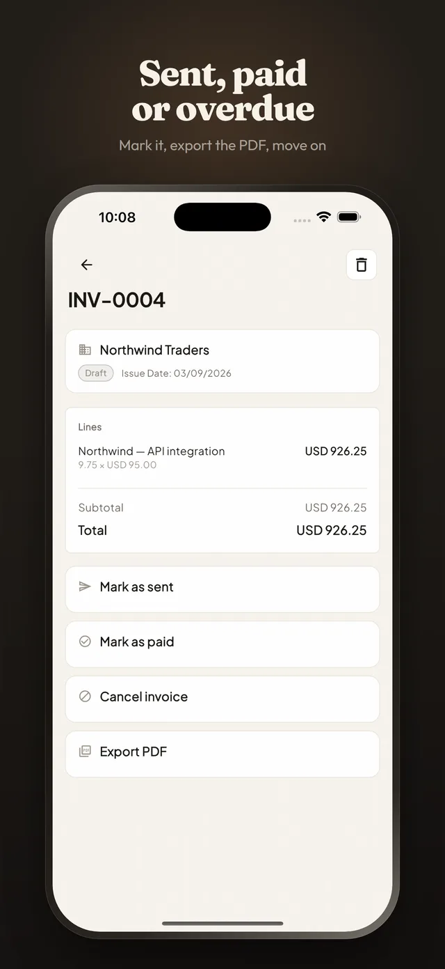 Sent, paid or overdue: one invoice with its client, its lines and its total, above the actions to mark it sent, mark it paid, cancel it or export the PDF