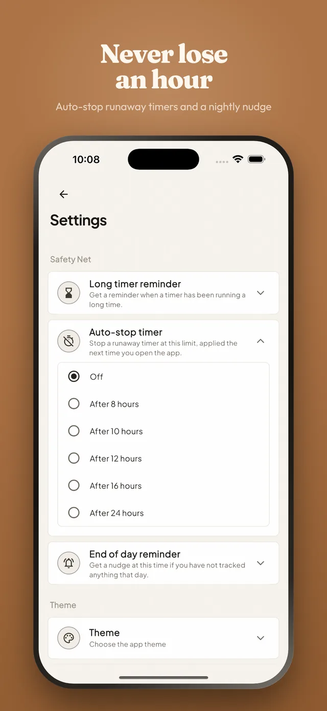 Never lose an hour: the Safety Net settings, with a long timer reminder, an auto-stop timer offering limits from eight to twenty-four hours, and an end of day reminder