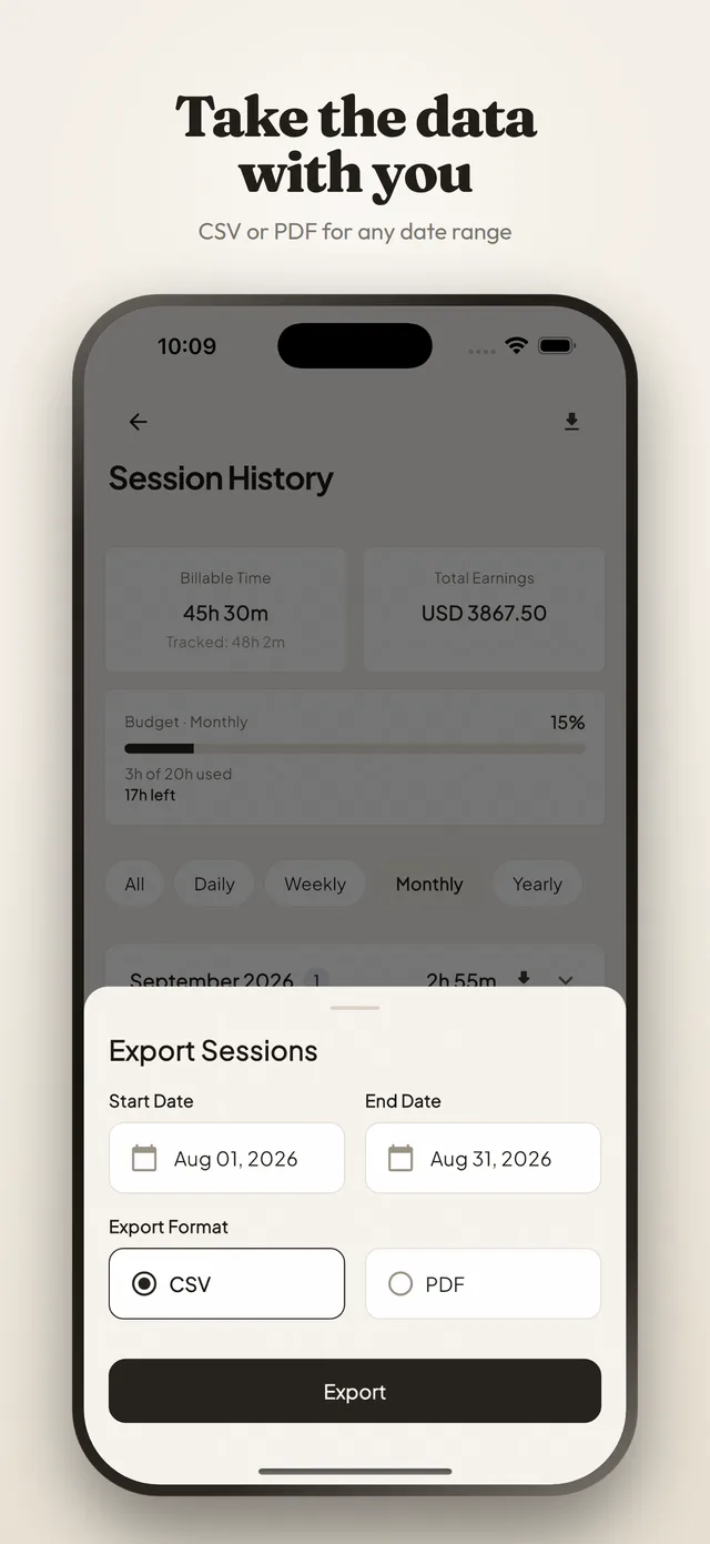 Take the data with you: the export sheet over the session history, with a start and end date chosen and CSV and PDF offered as formats